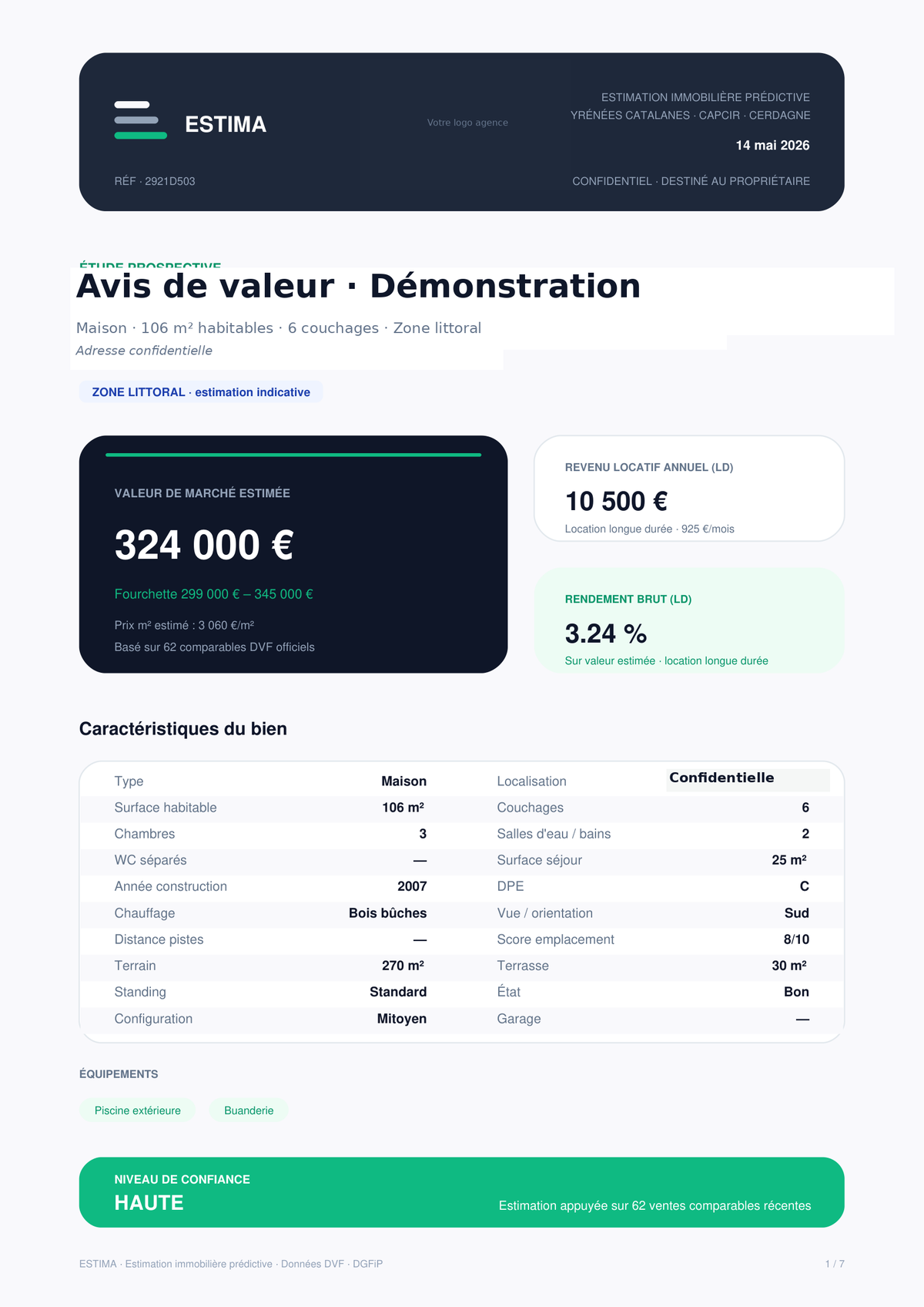 Aperçu page 1 de l'avis de valeur Estima : valeur estimée 324 000 €